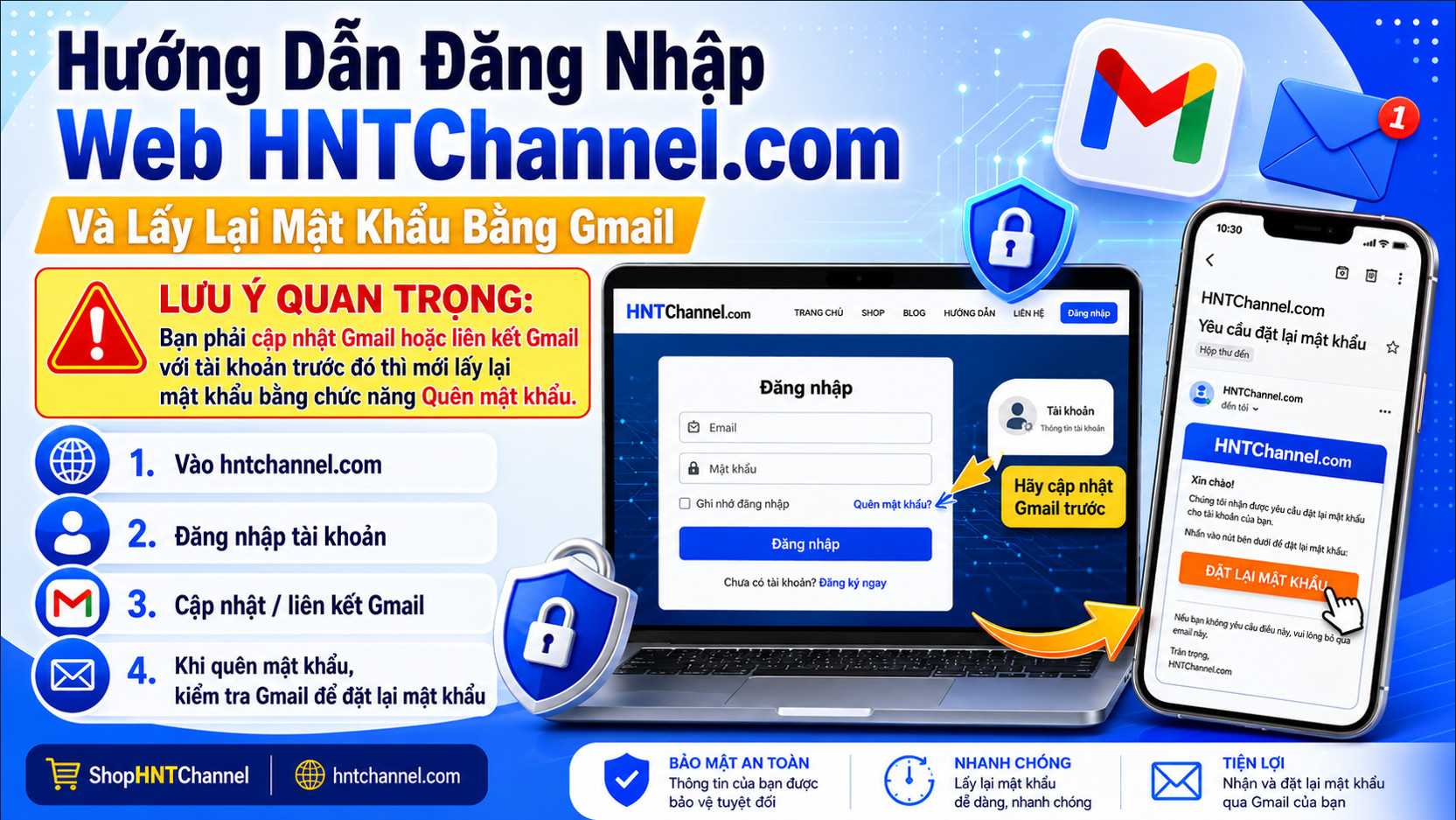 Hướng Dẫn Đăng Nhập Web HNTChannel.com Và Lấy Lại Mật Khẩu Bằng Gmail